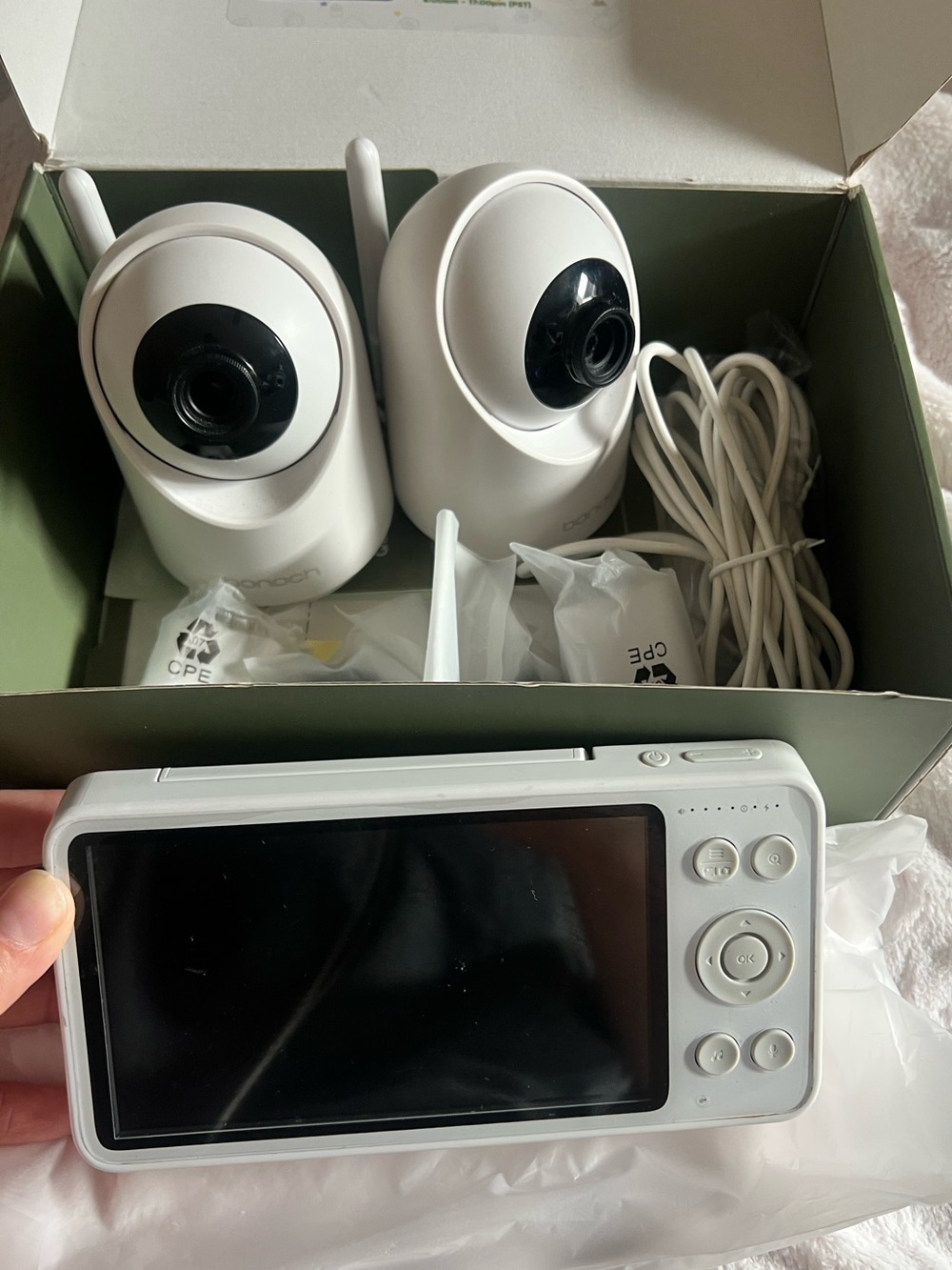 White Baby Monitor with Two Cameras and Portable Display